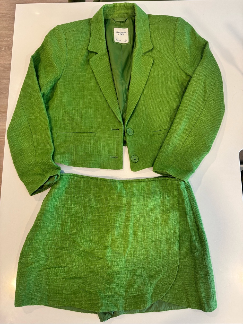 Abercrombie & Fitch Bright Green Cropped Blazer and Skirt Set